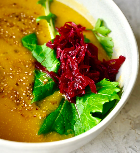 Butternut Squash and Miso Soup with Wasabi, Seaweed and Beetroot & Ginger Love Kraft Krau